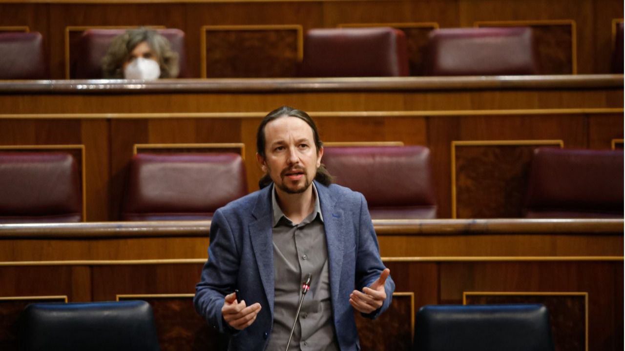 El vicepresidente del gobierno, Pablo Iglesias, durante su intervención en el Pleno del Congreso para debatir la solicitud de autorización de prórroga del estado de alarma.